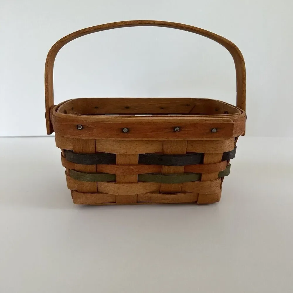 Longaberger Basket Vintage 1991 Green Weave Handle Small Farmhouse Country